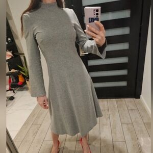 Zara Wool Blend Elegant Gray Women's Dress With Long Sleeve Size Small Midi Leng